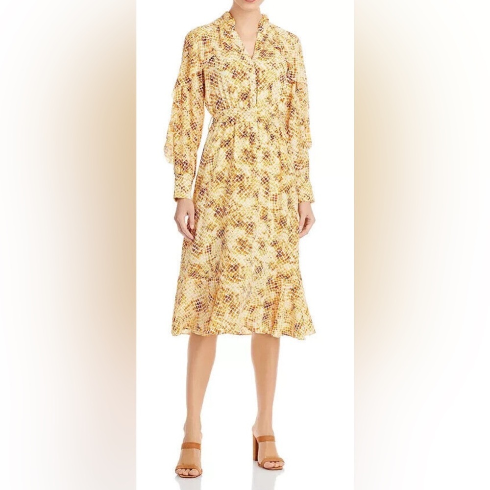 NWT T TAHARI Yellow Animal Print Ruffle Belted Shirt Dress Sz Large $138